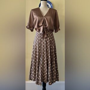 Garnet Hill | Tan & Cream Polka Dot Midi Length Swing Skirt